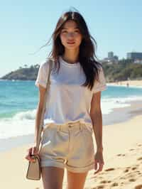 stylish and chic  woman in Sydney wearing a summer dress/shorts and t-shirt, Bondi Beach in the background