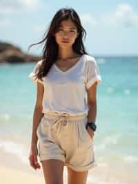 stylish and chic  woman in Sydney wearing a summer dress/shorts and t-shirt, Bondi Beach in the background