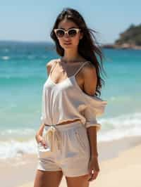 stylish and chic  woman in Sydney wearing a summer dress/shorts and t-shirt, Bondi Beach in the background