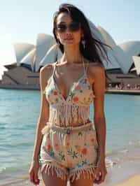 stylish and chic  woman in Sydney wearing a surf-inspired outfit, Sydney Opera House in the background