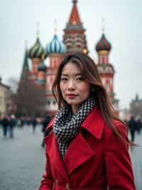 stylish and chic  woman in Moscow wearing a stylish coat and scarf, Saint Basil's Cathedral in the background