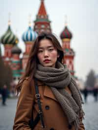 stylish and chic  woman in Moscow wearing a stylish coat and scarf, Saint Basil's Cathedral in the background