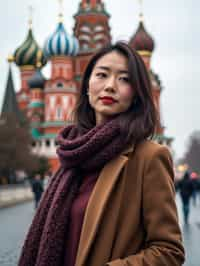 stylish and chic  woman in Moscow wearing a stylish coat and scarf, Saint Basil's Cathedral in the background