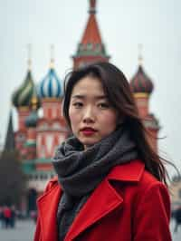 stylish and chic  woman in Moscow wearing a stylish coat and scarf, Saint Basil's Cathedral in the background