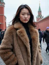 stylish and chic  woman in Moscow wearing a faux fur coat, Kremlin in the background