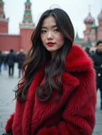 stylish and chic  woman in Moscow wearing a faux fur coat, Kremlin in the background