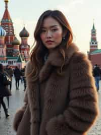 stylish and chic  woman in Moscow wearing a faux fur coat, Kremlin in the background