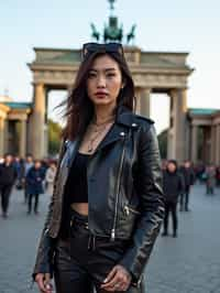 stylish and chic  woman in Berlin wearing a punk-inspired outfit, Brandenburg Gate in the background