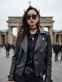 stylish and chic  woman in Berlin wearing a punk-inspired outfit, Brandenburg Gate in the background