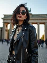 stylish and chic  woman in Berlin wearing a punk-inspired outfit, Brandenburg Gate in the background