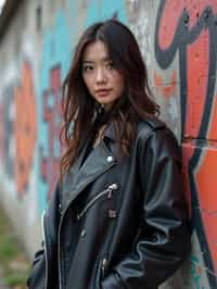 stylish and chic  woman in Berlin wearing a grunge-inspired outfit, Berlin Wall in the background