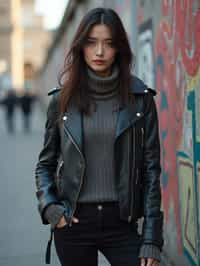 stylish and chic  woman in Berlin wearing a grunge-inspired outfit, Berlin Wall in the background