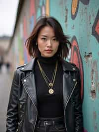 stylish and chic  woman in Berlin wearing a grunge-inspired outfit, Berlin Wall in the background