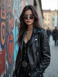 stylish and chic  woman in Berlin wearing a grunge-inspired outfit, Berlin Wall in the background