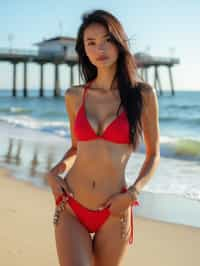 stylish and chic  woman in Los Angeles wearing a trendy beach outfit, Santa Monica pier in the background