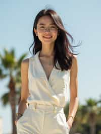 stylish and chic  woman in Los Angeles wearing a summer dress/linen suit, palm trees in the background