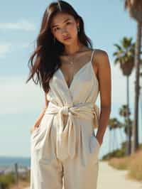 stylish and chic  woman in Los Angeles wearing a summer dress/linen suit, palm trees in the background