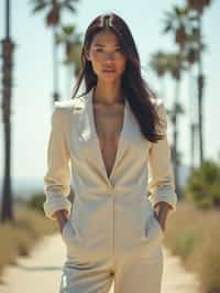 stylish and chic  woman in Los Angeles wearing a summer dress/linen suit, palm trees in the background