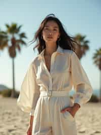 stylish and chic  woman in Los Angeles wearing a summer dress/linen suit, palm trees in the background