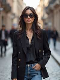 stylish and chic  woman in Milan wearing a fashionable blazer and jeans, Duomo di Milano in the background