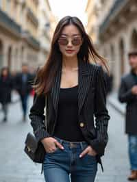 stylish and chic  woman in Milan wearing a fashionable blazer and jeans, Duomo di Milano in the background