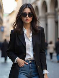 stylish and chic  woman in Milan wearing a fashionable blazer and jeans, Duomo di Milano in the background