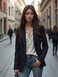 stylish and chic  woman in Milan wearing a fashionable blazer and jeans, Duomo di Milano in the background