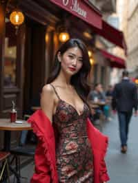 stylish and chic  woman in Milan wearing high fashion attire in front of a classic Italian café