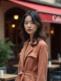 stylish and chic  woman in Milan wearing high fashion attire in front of a classic Italian café