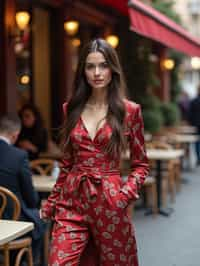 stylish and chic  woman in Milan wearing high fashion attire in front of a classic Italian café