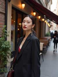 stylish and chic  woman in Milan wearing high fashion attire in front of a classic Italian café