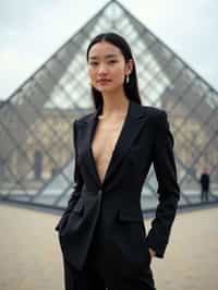 stylish and chic  woman in Paris wearing a chic black dress/suit, Louvre pyramid in the background