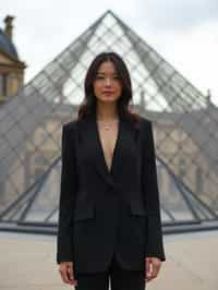 stylish and chic  woman in Paris wearing a chic black dress/suit, Louvre pyramid in the background