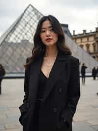 stylish and chic  woman in Paris wearing a chic black dress/suit, Louvre pyramid in the background