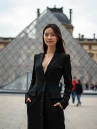 stylish and chic  woman in Paris wearing a chic black dress/suit, Louvre pyramid in the background