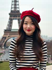 stylish and chic  woman in Paris, wearing a beret and striped top, Eiffel Tower in the background