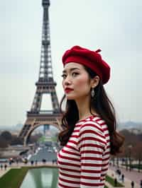 stylish and chic  woman in Paris, wearing a beret and striped top, Eiffel Tower in the background