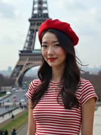 stylish and chic  woman in Paris, wearing a beret and striped top, Eiffel Tower in the background