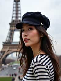 stylish and chic  woman in Paris, wearing a beret and striped top, Eiffel Tower in the background