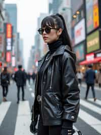 stylish and chic  woman in Tokyo wearing a futuristic outfit, Shibuya crossing in the background