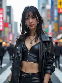 stylish and chic  woman in Tokyo wearing a futuristic outfit, Shibuya crossing in the background