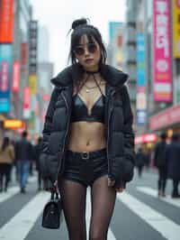 stylish and chic  woman in Tokyo wearing a futuristic outfit, Shibuya crossing in the background