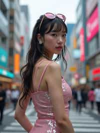 stylish and chic  woman in Tokyo wearing a futuristic outfit, Shibuya crossing in the background