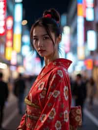 stylish and chic  woman in Tokyo wearing a modern take on a traditional kimono, neon lights of the city in the background