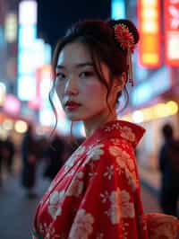 stylish and chic  woman in Tokyo wearing a modern take on a traditional kimono, neon lights of the city in the background