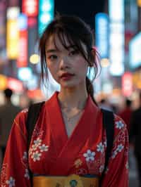 stylish and chic  woman in Tokyo wearing a modern take on a traditional kimono, neon lights of the city in the background