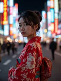 stylish and chic  woman in Tokyo wearing a modern take on a traditional kimono, neon lights of the city in the background