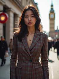 stylish and chic  woman in London wearing a checkered suit, Big Ben in the background