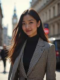 stylish and chic  woman in London wearing a checkered suit, Big Ben in the background