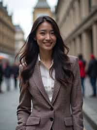 stylish and chic  woman in London wearing a checkered suit, Big Ben in the background